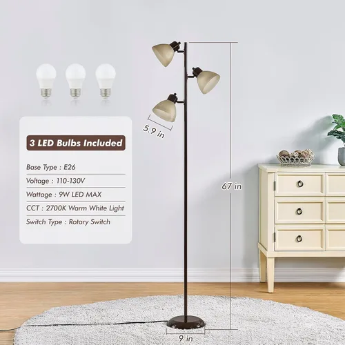 Miniatura 2 de Moderna lámpara de pie de árbol para sala de estar, dormitorio, lámparas de pie de poste alto con 3 cabezales giratorios ajustables para oficina