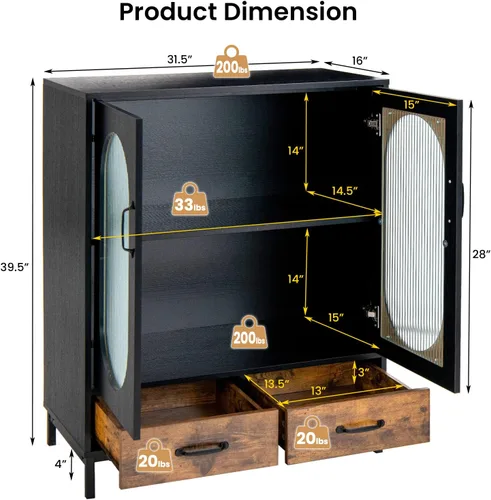 Miniatura 3 de Giantex Armario buffet con 2 cajones, aparador de madera, armario de pie de 2 niveles con puertas de vidrio templado, gabinete de almacenamiento