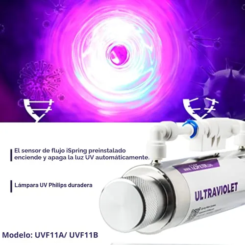 Miniatura 4 de iSpring Filtro de agua de luz ultravioleta UV UVF11A con interruptor de control de flujo inteligente 11W, 110V, 10 pulgadas Plateado