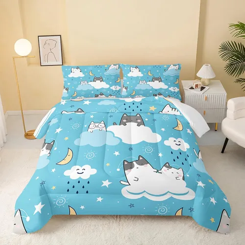 QOOMO - Juego de edredón de tamaño individual con gatos, juego de edredón azul con nubes para niños, adolescentes, niñas y niños, juego de cama de 3