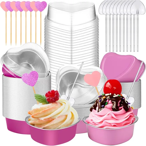 Vesici El juego de 300 moldes para tartas de corazón incluye 3.4 onzas de aluminio, desechables, para San Valentín, corazón, postre, bandeja para