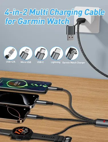 Miniatura 3 de Cable de carga múltiple de 100 W para Garmin Watch, cable de carga rápida USB múltiple de 10 pies con USB-C (100 W), Lightning, Micro-USB y cargador