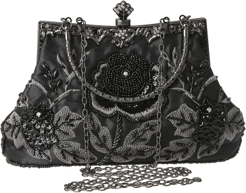 Miniatura 7 de Bolso de mano de estilo vintage con cuentas florales y strass para mujer, con bordado de lentejuelas, bandolera para novia, boda, fiesta