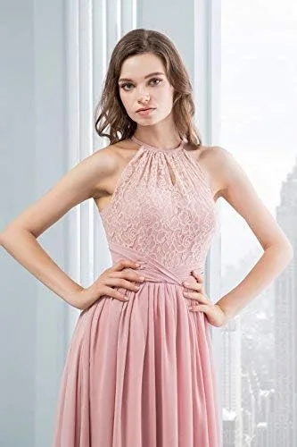 Miniatura 4 de Vestido de dama de honor de gasa con encaje halter para mujer