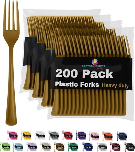 Party Solids Tenedores de plástico dorados, 200 piezas, tenedores dorados, utensilios desechables, juego de cubiertos de plástico resistente, juegos