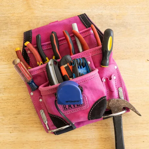 Miniatura 8 de Bolsa de herramientas de cuero de gamuza de 10 bolsillos Bolsa de herramientas de taladro de martillo Rosa