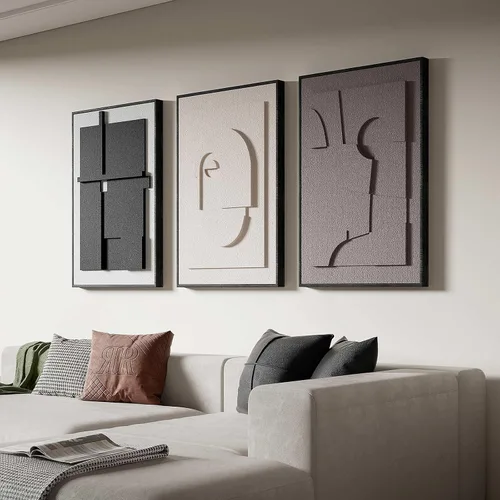 Arte de pared abstracto texturizado 3D para dormitorio, 3 piezas de escultura moderna con marco neutro, pinturas cubistas geométricas de tono tierra