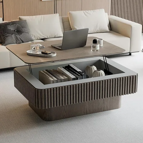 Miniatura 15 de Mesa de Centro Cuadrada de 35.43'' para Sala de Estar Mesa de Centro Acanalada Mesa Central Moderna con Pedestal para Apartamento Negro