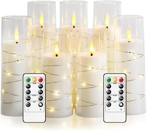 Miniatura 21 de Velas sin llama, con cadena de estrellas incorporada, velas operadas por baterías, velas LED parpadeantes, velas de pilar con control remoto