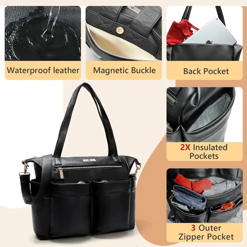 Miniatura 5 de Miss Fong Bolso de cuero para pañales con almohadilla para cambiar, correas, talla única , Negro