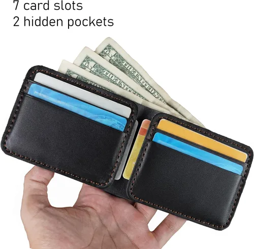 Miniatura 4 de HATA Black Cowhide Full Grain Leather Bifold Wallet For Men With RFID Blocking Minimalist Front Pocket Security Passcase And Durable Extra Capacity