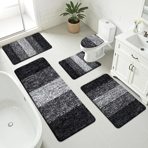Miniatura 18 de Bsmathom Juego de 4 alfombras de baño, alfombras de baño de microfibra suave y absorbente con alfombra de contorno en forma de U para inodoro y Azul