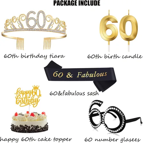 Miniatura 2 de Regalos de cumpleaños número 60 para mujeres, tiara, banda, adorno para pastel, vela y vasos para decoración de fiesta de cumpleaños 60, 5