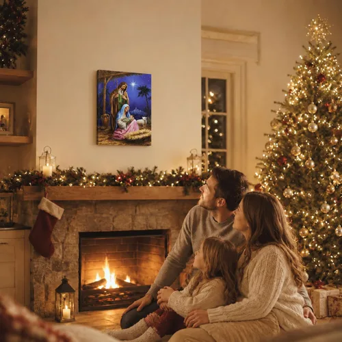 Miniatura 2 de BANBERRY DESIGNS Nativity - Lienzo decorativo para pared, cuadro LED de la Sagrada Familia con María José y el Niño Jesús, escena de establo