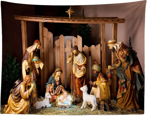 Miniatura 7 de Loccor Tapiz de escena del Nacimiento de Navidad, escena del pesebre, figuras de Jesús, Virgen María, tapiz para colgar en la pared, arte de pared