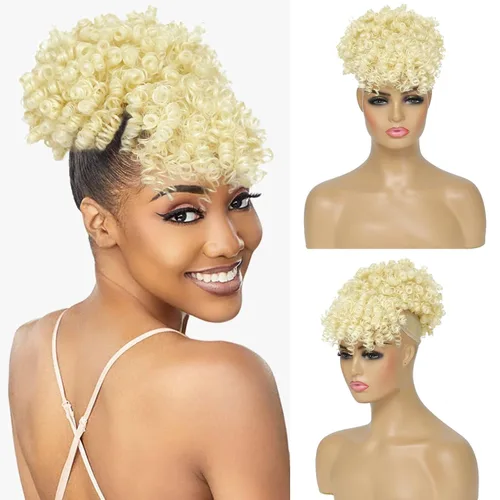 Miniatura 13 de Cola de caballo con cordón y flequillo, extensiones de cola de caballo afro para mujer, cola de caballo corta y rizada con flequillo con clip para 1b
