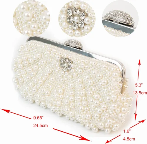 Miniatura 2 de Ofuleo Bolsos de mano de perlas de lujo, bandolera de cristal para mujer, para boda, noche, fiesta casual, Blanco