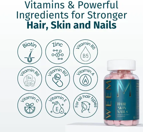 Miniatura 2 de Gomas WEEM para el cabello, la piel y las uñas - Favorece el cabello saludable - Vitaminas veganas de biotina para mujeres y hombres. Apoya