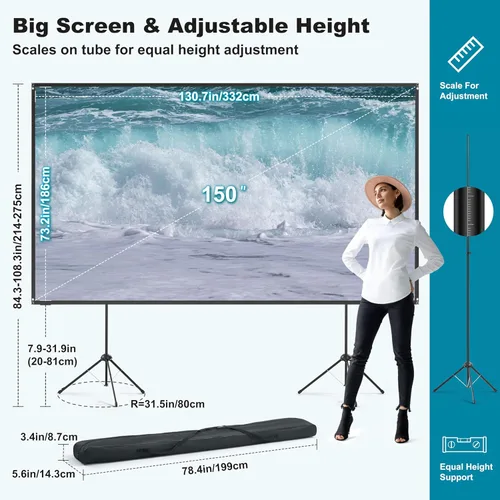 Miniatura 2 de Pantalla de proyector para exteriores con soporte de 150 pulgadas 16:9, pantalla de proyector portátil, fibra de vidrio de alta ganancia 1.5