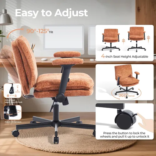 Miniatura 4 de Silla Cruzada con Brazos Abatibles y Ruedas con Bloqueo, Silla de Escritorio de Oficina de Tela de Felpa con Patas Cruzadas, Silla Giratoria