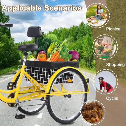 Miniatura 3 de Triciclo para adultos de 26 pulgadas, bicicletas de 7 velocidades y 3 ruedas, asiento grande con respaldo, triciclo para adultos con cestas
