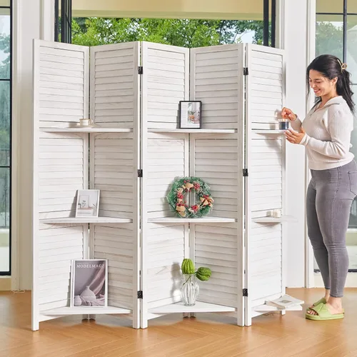 Miniatura 15 de Divisores de habitación, pantalla plegable de privacidad de madera de 67 x 51 pulgadas con tres estantes de exhibición, adecuado para oficina