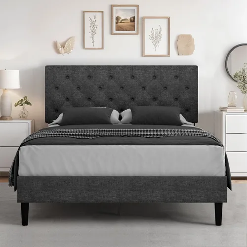 Miniatura 29 de HOMBCK Marco de Cama Queen con Cabecera Capitoné con Botones, Marco de Cama de Plataforma Tapizada Azul, Tela Suave/Soporte de Listones de Madera/No
