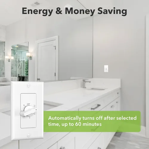 Miniatura 2 de BN-LINK Temporizador de cuenta regresiva de 60 minutos en la pared, interruptor mecánico, para ventilador de baño, temporizador de luces, 2 placas