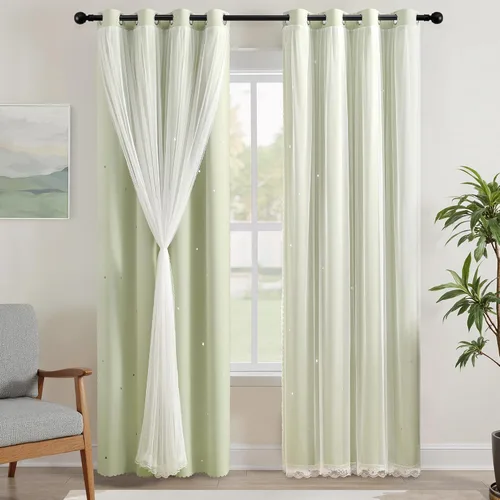 Miniatura 11 de XiDi Cortinas opacas con estrellas para habitaciones de niños, cortinas verdes para ventana de dormitorio de niños, azul y gris, 52 pulgadas de Azul