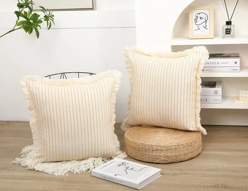 Miniatura 2 de NUYECY Juego de 2 fundas de almohada bohemias amarillas de 22 x 22 pulgadas, almohada neutra de algodón con flecos de borlas, funda de cojín