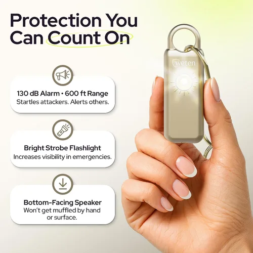 Miniatura 2 de Weten Llavero de alarma de seguridad personal – Sirena de 130 dB con altavoz inferior, luz LED, correa de muñeca y mosquetón – Alarma de autodefensa