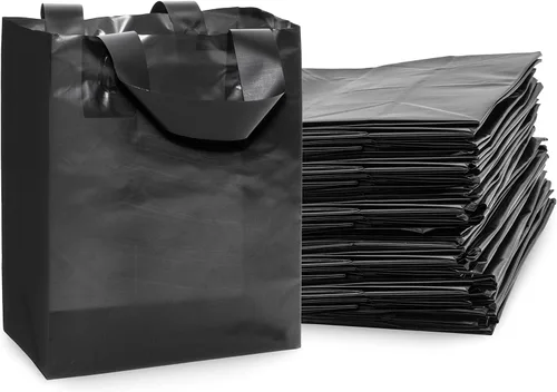 Miniatura 13 de Prime Line Packaging Bolsas de compras de plástico con asas para pequeñas empresas, bolsas negras esmeriladas, mercancía, venta al por menor