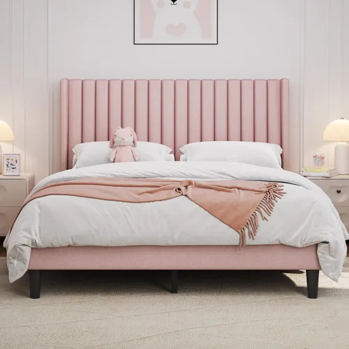 Miniatura 16 de Yaheetech - Base de cama tamaño Queen con plataforma tapizada con cabecero de tela, diseño de borde alado/Antideslizante y libre de ruido/Soporte
