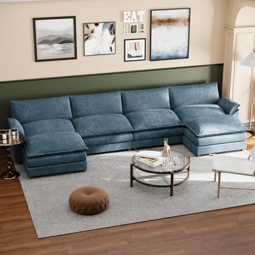 Miniatura 12 de Shahoo Sofá modular modular en forma de L de tela de felpilla con esponjas suaves y de alto apoyo y otomana extraíble, cómodo mueble tapizado