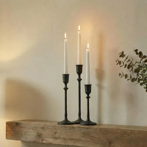 Miniatura 6 de BANOMII Juego de 3 candelabros antiguos, portavelas cónicos de hierro fundido para centro de mesa de comedor, decoración de mantel de chimenea, Negro