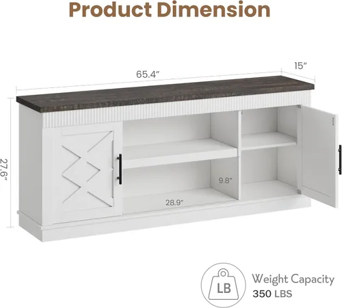 Miniatura 2 de GarveeHome Soporte de TV de granja para televisores de 70/75 pulgadas, centro de entretenimiento de 65 pulgadas de largo con 2 puertas y estante
