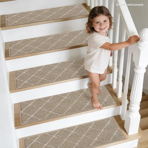 Miniatura 8 de BEQHAUSE Peldaños de escalera para peldaños de madera, antideslizantes, lavables a máquina, alfombras de poliéster suave, 28 x 9 pulgadas