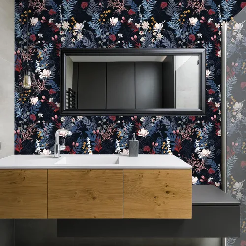 Miniatura 4 de VEELIKE Papel tapiz botánico oscuro para despegar y pegar, papel tapiz floral negro para dormitorio, baño, sala de estar, 17.7 x 118 pulgadas, papel