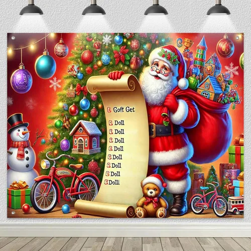 Miniatura 2 de HOMETITUTE Pancarta de Navidad de Papá Noel 8 x 6 pies Lista de Regalos Telón de Fondo Fiesta Navideña Fondo Árbol Muñeco de Nieve Bicicleta
