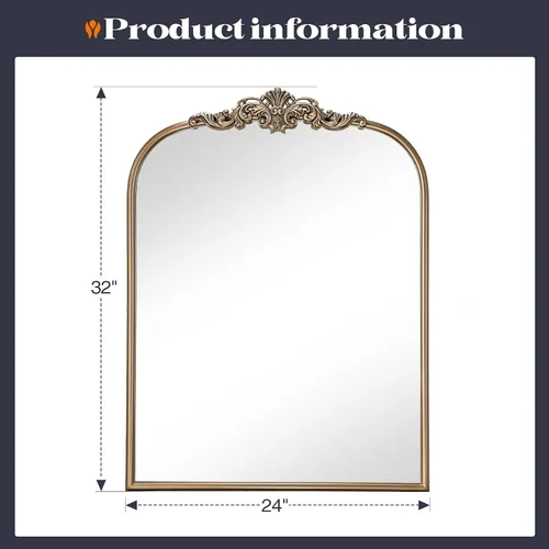 Miniatura 6 de Espejo Dorado Barroco Antiguo, Espejo de Tocador Vintage de 24" x 32" para Repisa de Chimenea, Espejo de Baño Arqueado para Pared con Marco de Metal