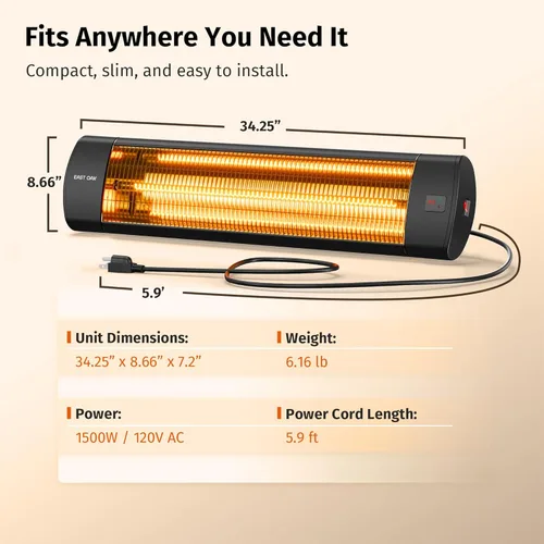 Miniatura 9 de EAST OAK Calentador eléctrico para patio, calentador infrarrojo montado en la pared de 1500 W para exteriores, garaje, patio trasero, restaurante