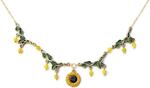 Miniatura 4 de Green Leaf and Sunflower Necklace w/Agate Bead Dangle - Hand Painted Sunny, Golden Yellow Flower and Leafy Green Necklace - Nature Colors Jewelry