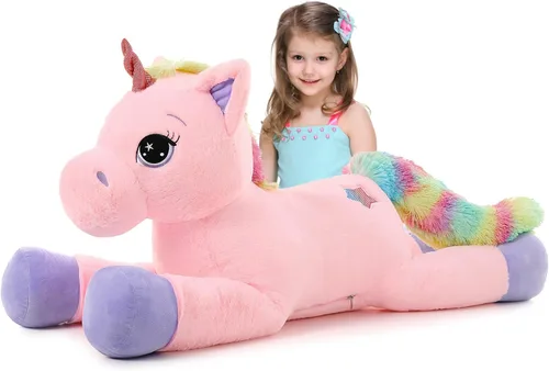 Miniatura 18 de Tezituor Juguetes de peluche de unicornio grande de 43 pulgadas, animales de peluche de unicornio blanco hueso, bonitas decoraciones de cumpleaños