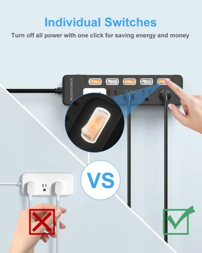 Miniatura 2 de Cable de extensión negro para electrodomésticos con interruptores individuales de encendido y apagado - 6 pies, cable de extensión resistente