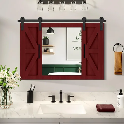 COGOOD Espejo de puerta de granero de granja, 37 x 26 pulgadas, espejo con marco de madera rústica, decoración de pared para comedor, baño, sala de