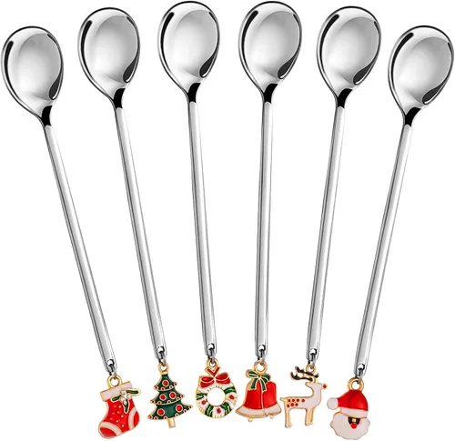 Miniatura 7 de JapanAmStore - 6 cucharas de café de acero inoxidable con colgante de Navidad, cuchara de sopa, cuchara de té, cuchara de postre para decoración