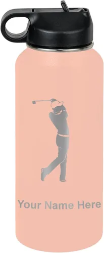 Miniatura 73 de LaserGram Botella de agua personalizada, golfista de golf, acero inoxidable de doble pared aislada al vacío con popote superior, regalo grabado Negro