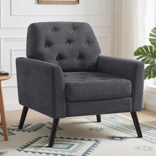 Silla decorativa para sala de estar, silla de lectura moderna de mediados de siglo, sillón tapizado con respaldo copetudo y patas de madera, sofá