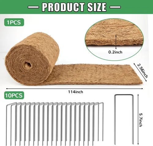 Miniatura 2 de Rollo de mantillo natural para paisajismo, tapete de fibra de coco gruesa orgánica de 120 x 6.3 pulgadas con estacas de acero en forma de 20U, rollo
