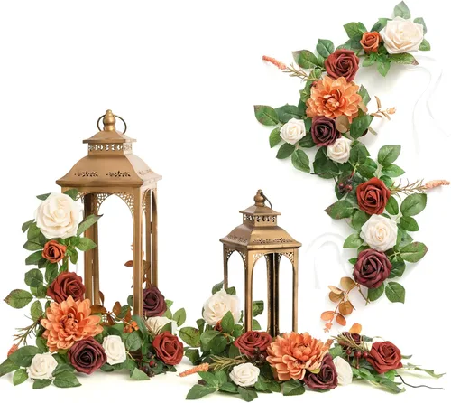Miniatura 9 de Ling's moment Paquete de 6 guirnaldas de flores artificiales de 2 pies, farol negro y burdeos, centros de mesa de flores, decoración de pasillo
